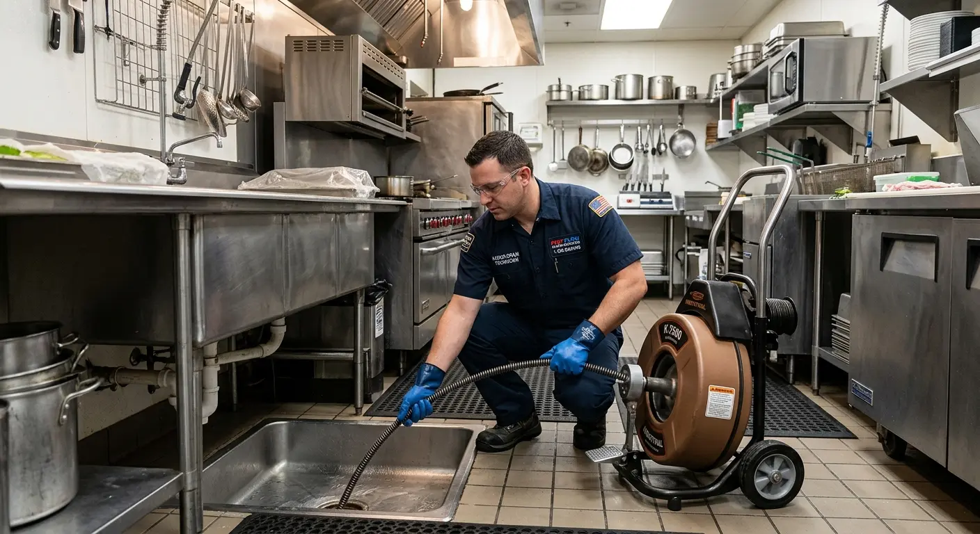 Commercial drain cleaning service in a restaurant kitchen in Totowa