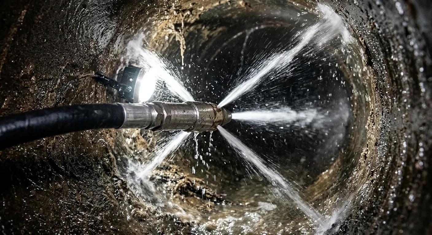 High-pressure hydro jetting nozzle cleaning sewer pipe for Emergency Drain Service in Totowa