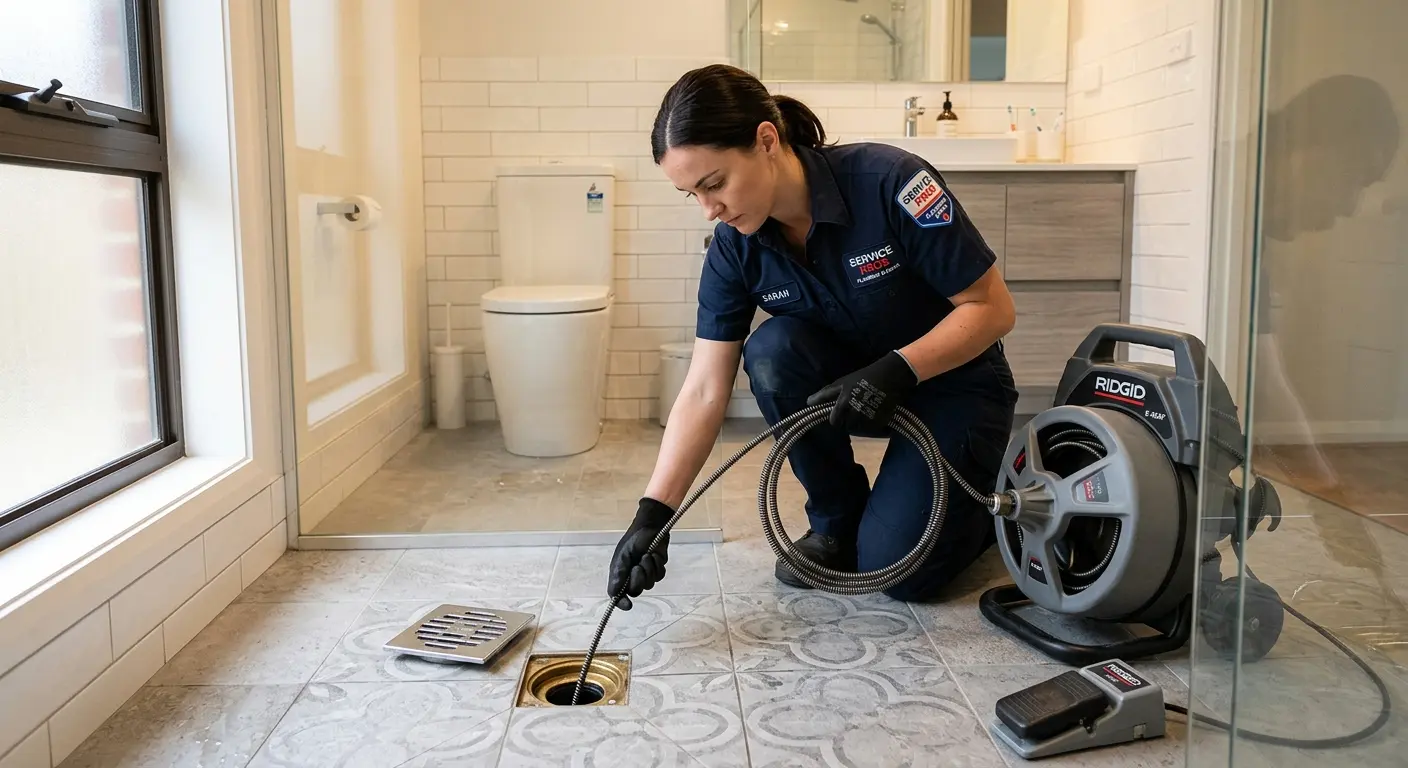 Technician clearing a bathroom floor drain for Sewer Line Installation in Totowa